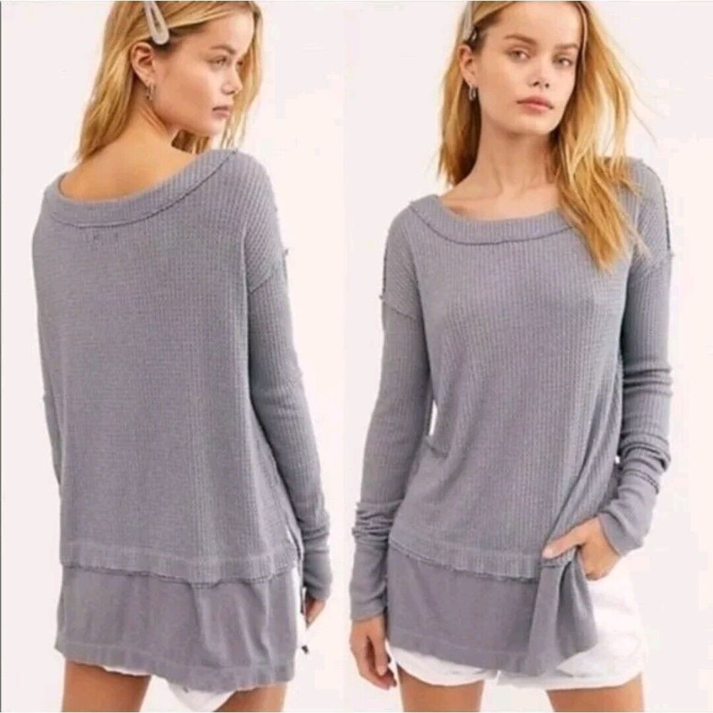 We The Free People Top Women L North Shore Thermal Grey Waffle Knit Sweater Cozy
